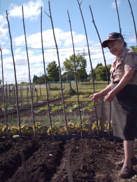 Feliza and the fruit of her work: green beans and sweet peas...they better grow fast!!!!